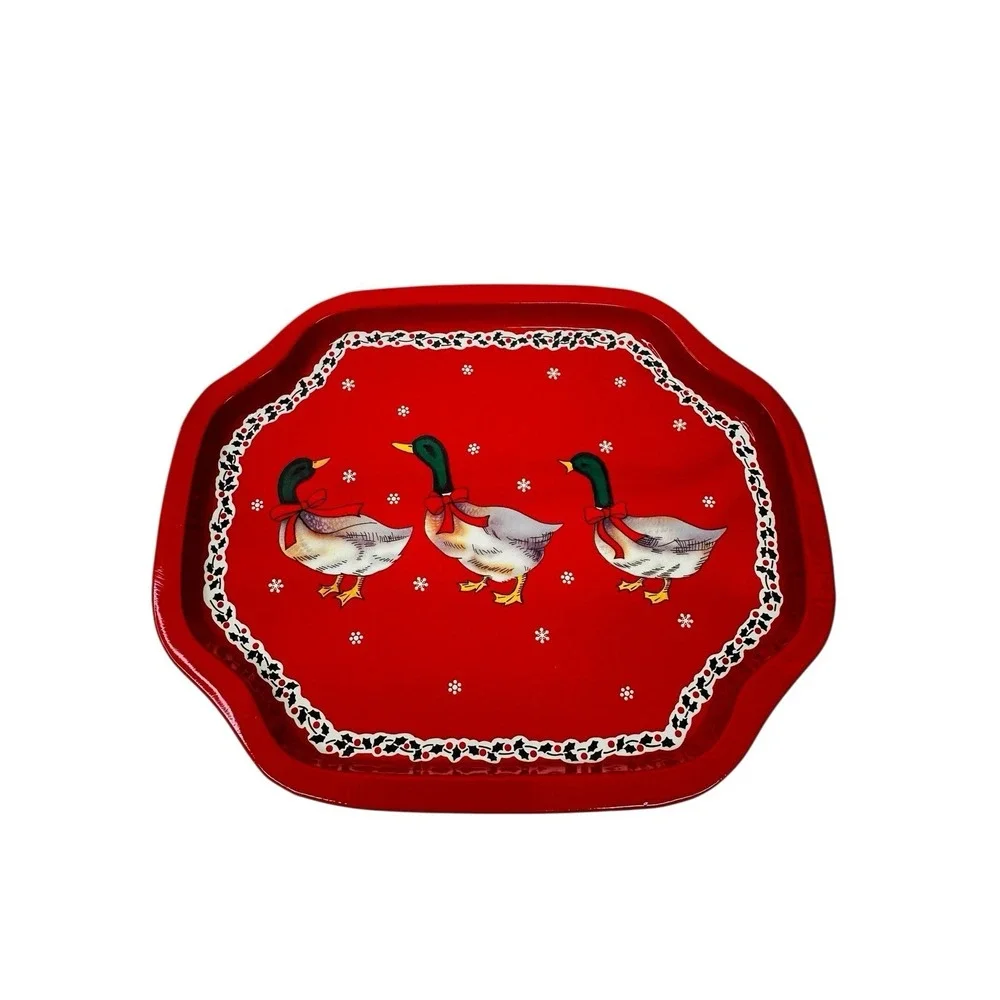 Christmas Tin Serving Trays Vintage Metal Holiday‎ Goose Pattern Cookie Set Of 3